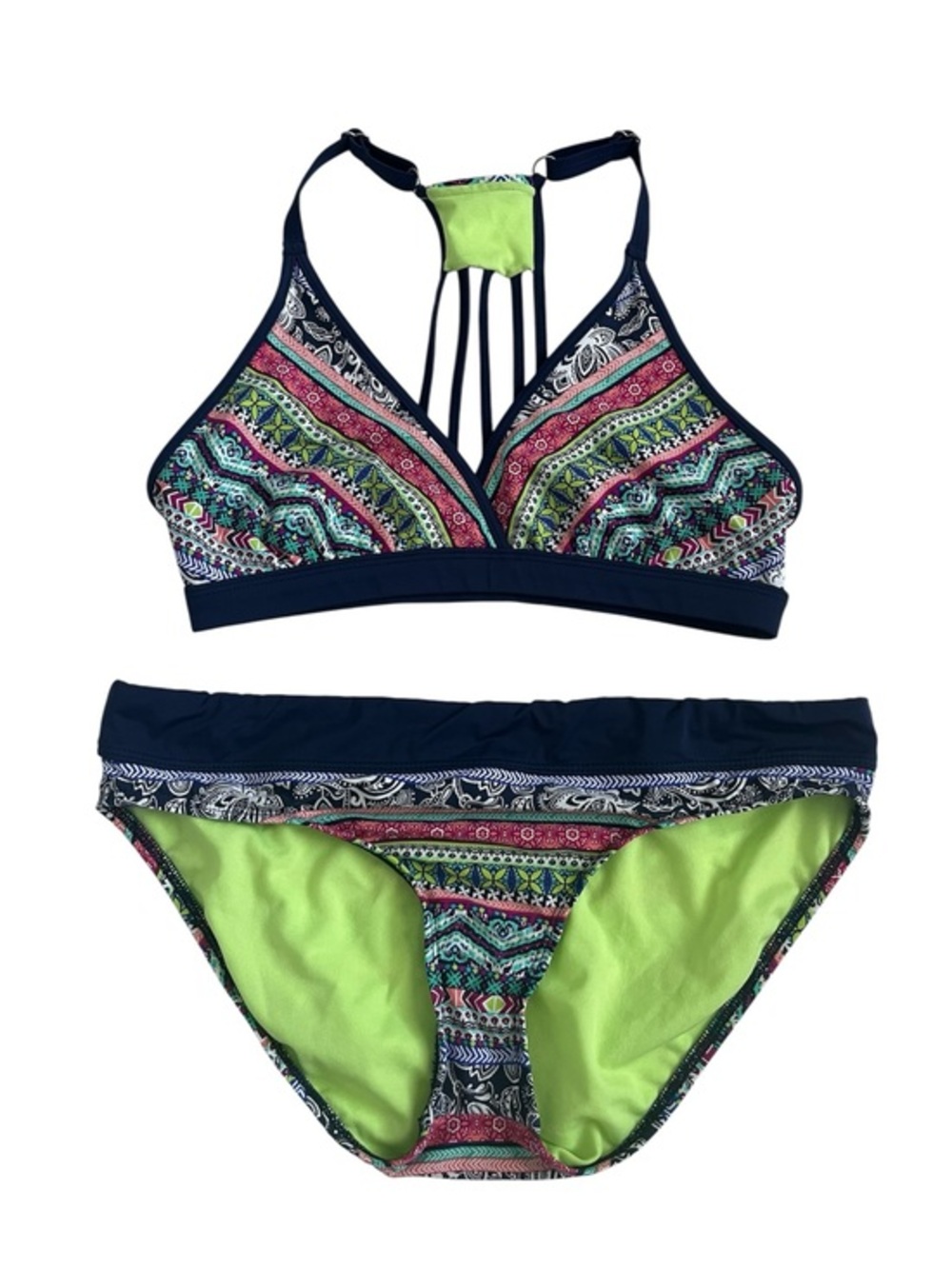 Title Nine Neon Green Multicolor Patterned Two-Piece Bikini